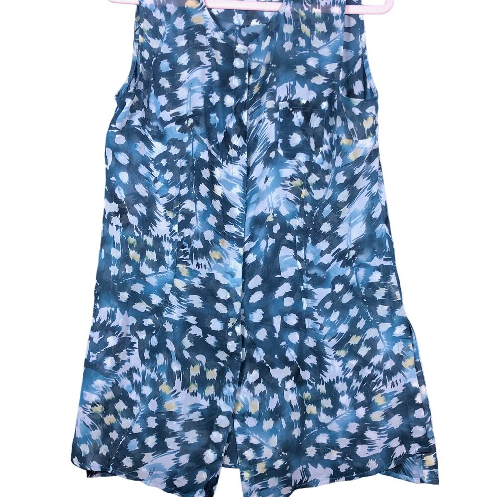 Cabi Womens Blouse Blue White Abstract Geometric Scoop Neck Sleeveless Sheer M